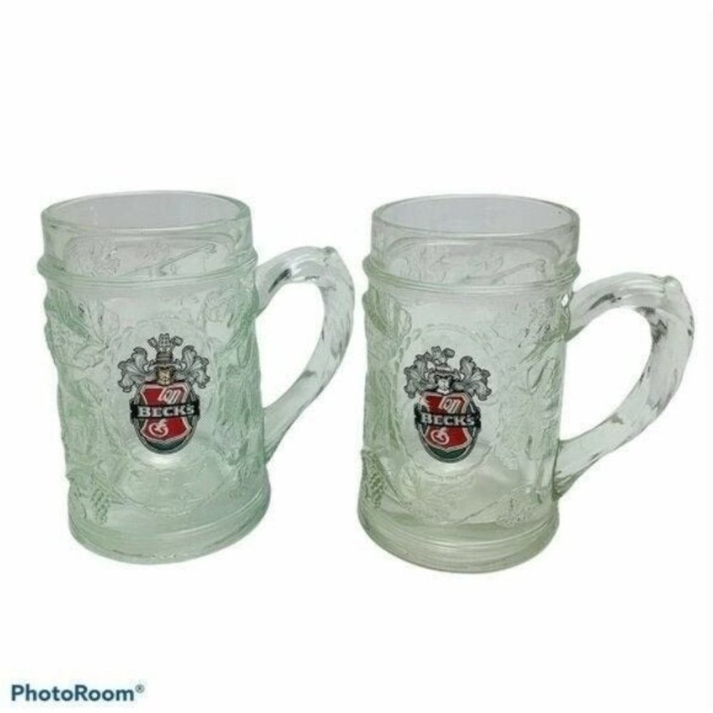 Lot of 2 Becks German Beer Mugs Vintage Molded Glass Grapevine Design Logo Stein